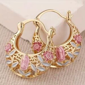 Gold and Pink Floral Hoop Earrings for Pierced Ears